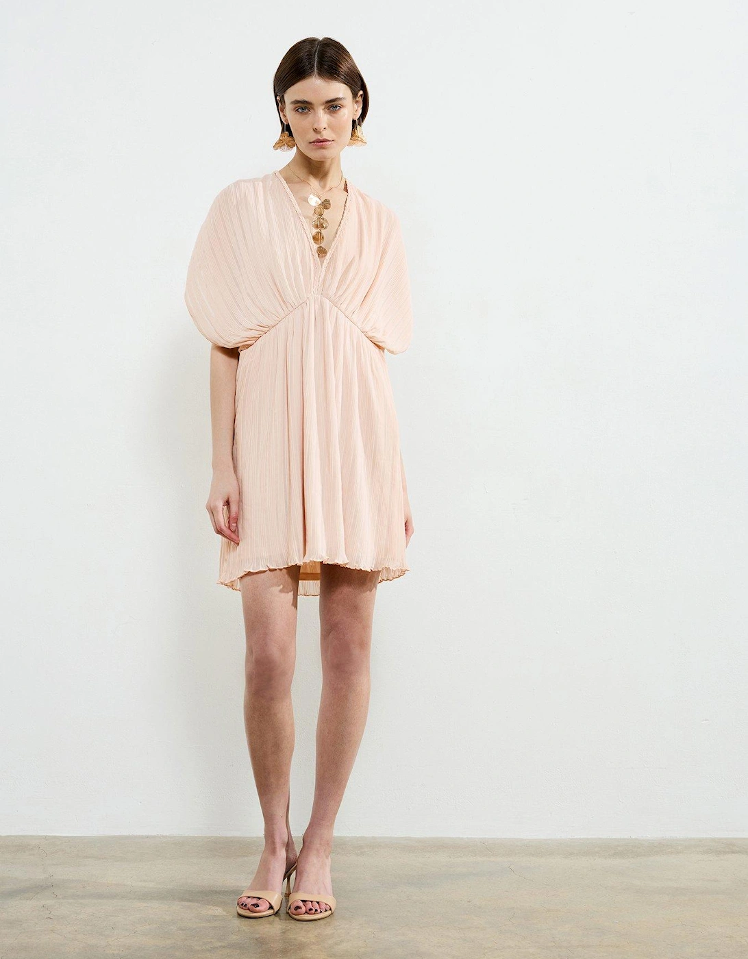 Plisse V-neck Ruched Short Sleeve Mini Dress - Pink, 2 of 1