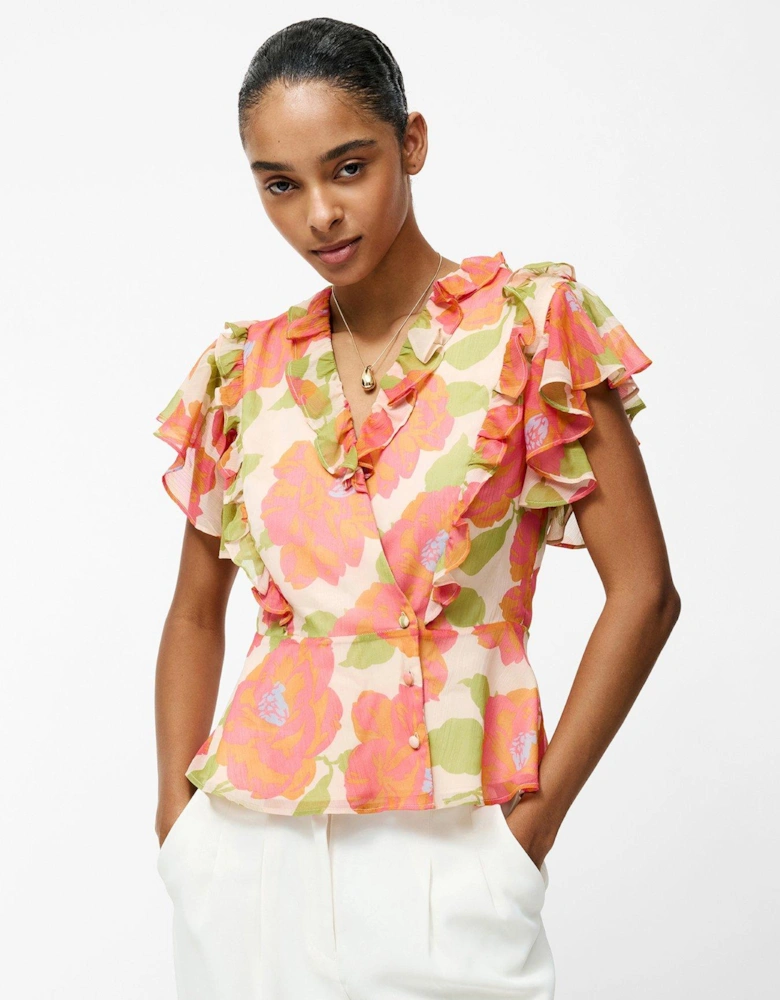 Floral Print Ruffle Wrap Over Crinkle Blouse