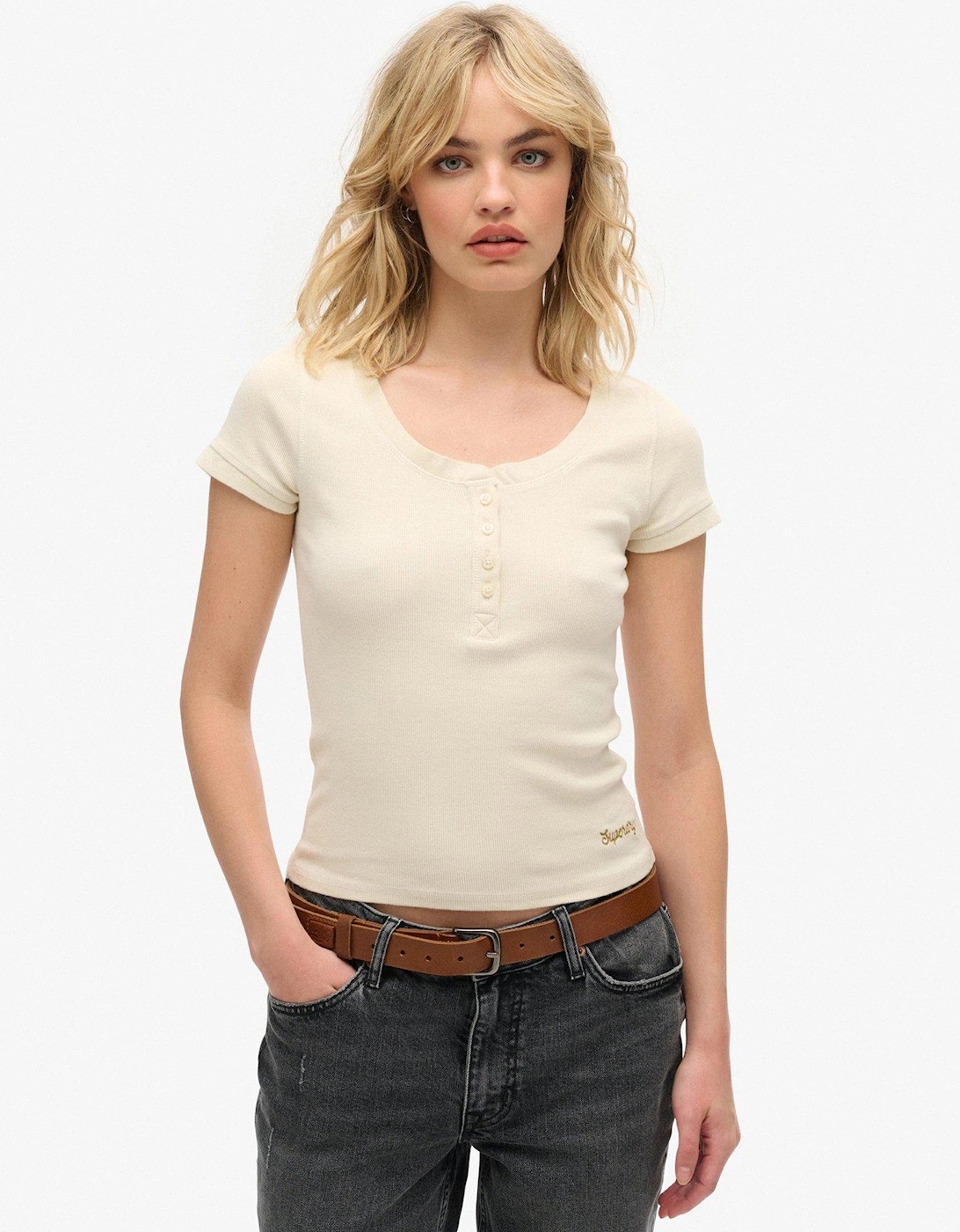 Essential Button Down Short Sleeve Top - Beige, 2 of 1