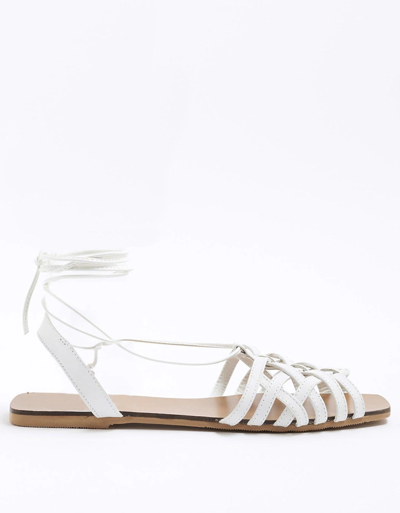 Leather Wide Fit Caged Tie Up Sandals
