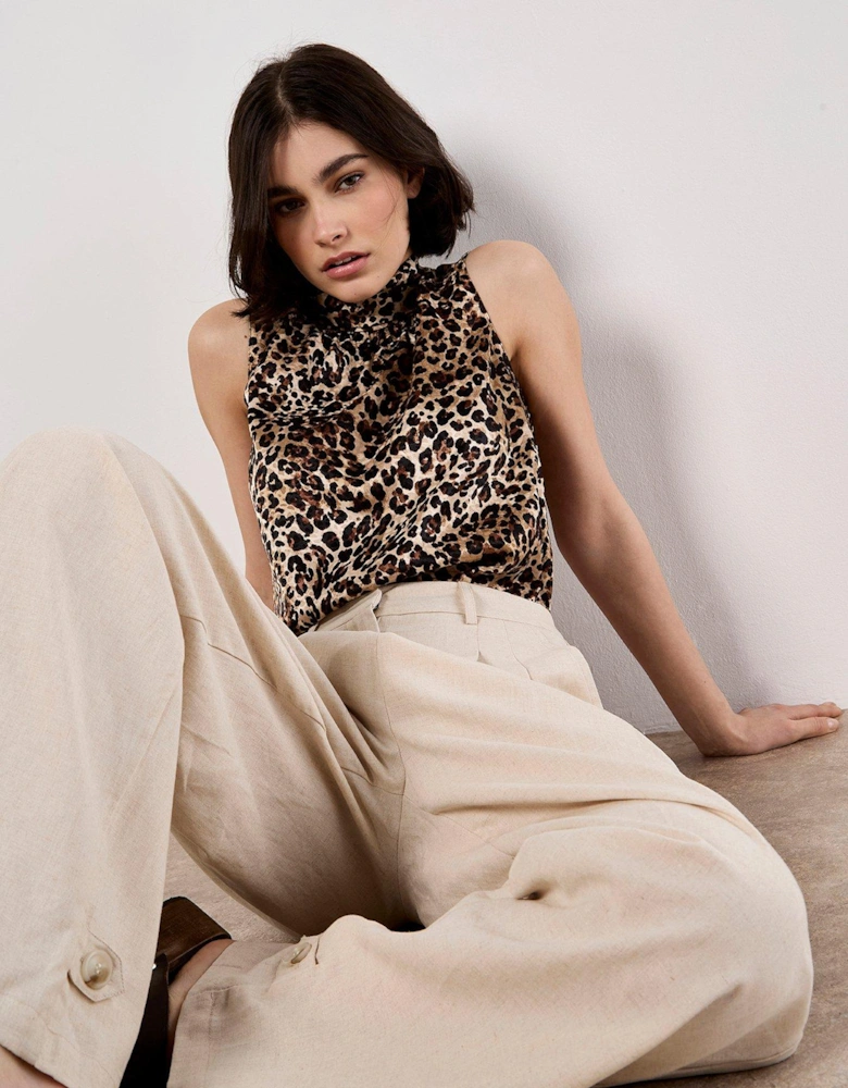 Leopard Sleeveless Tie Neck Top - Cream