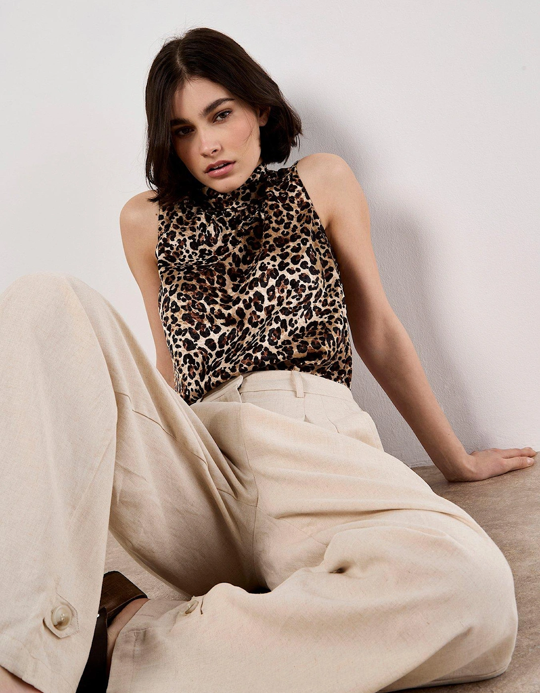 Leopard Sleeveless Tie Neck Top - Cream, 2 of 1