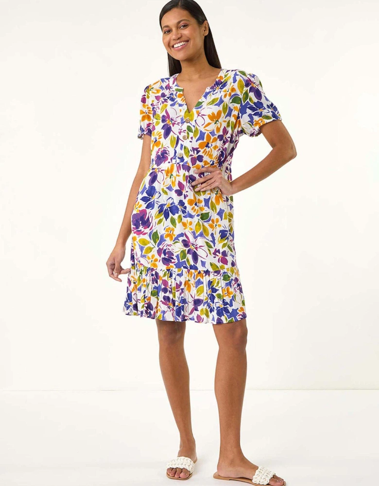 Floral Notch Button A-line Dress - Purple