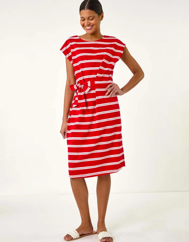 Stripe Tie Side Stretch Midi Dress - Red