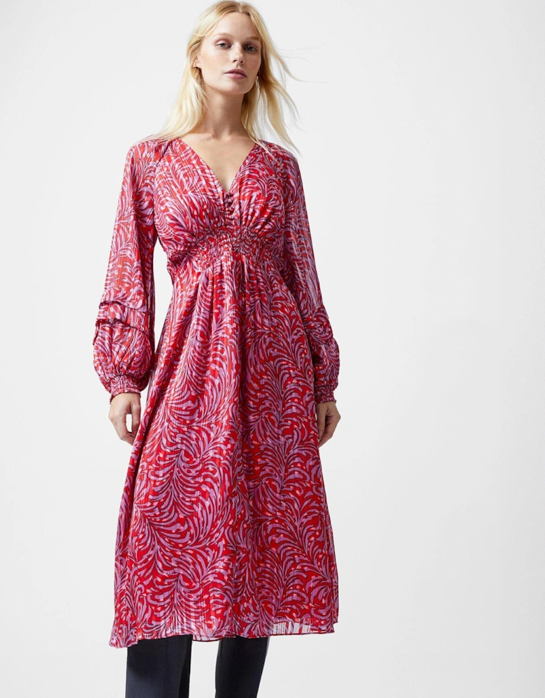 Ruched Chiffon V-Neck Long Sleeeve Printed Midi Dress