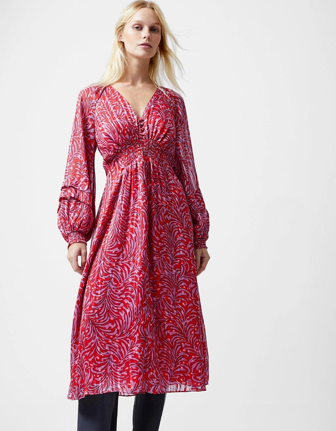 Ruched Chiffon V-Neck Long Sleeeve Printed Midi Dress, 2 of 1