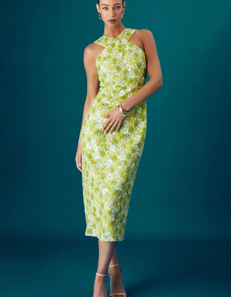 Muse Cross Neck Sequin Floral Midi Dress