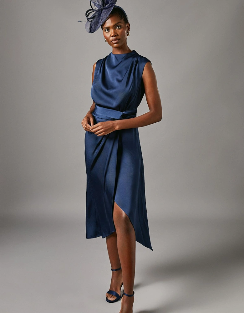 Satin Midi Dress With Twist Waist