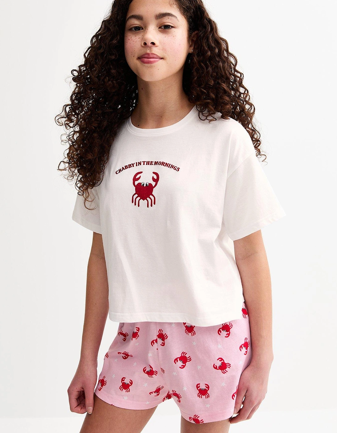 Girls Crab Print T-Shirt And Shorts Pyjama Set - White, 2 of 1
