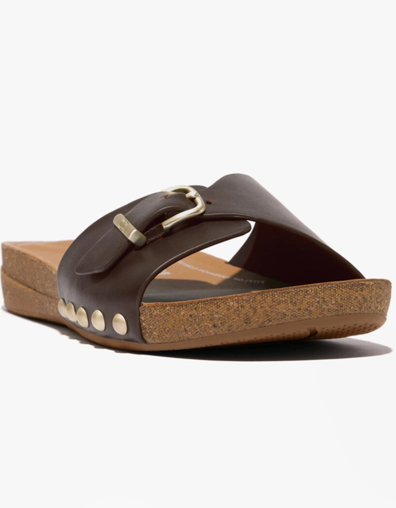 iQUSHION ADJUSTABLE BUCKLE LEATHER Womens Slides Chocolate Brown