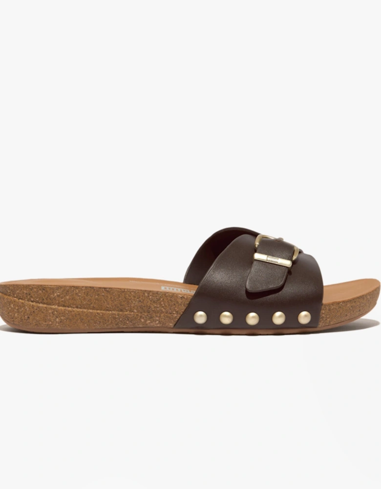 iQUSHION ADJUSTABLE BUCKLE LEATHER Womens Slides Chocolate Brown