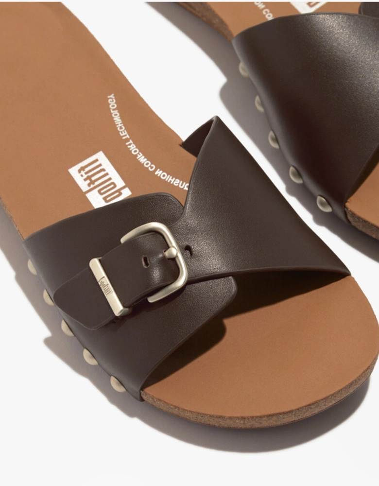 iQUSHION ADJUSTABLE BUCKLE LEATHER Womens Slides Chocolate Brown