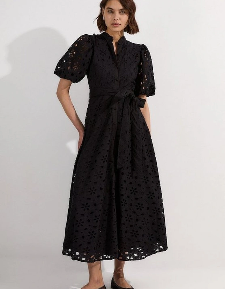 Cotton Broderie Belted Short Sleeve Woven Midi Dress