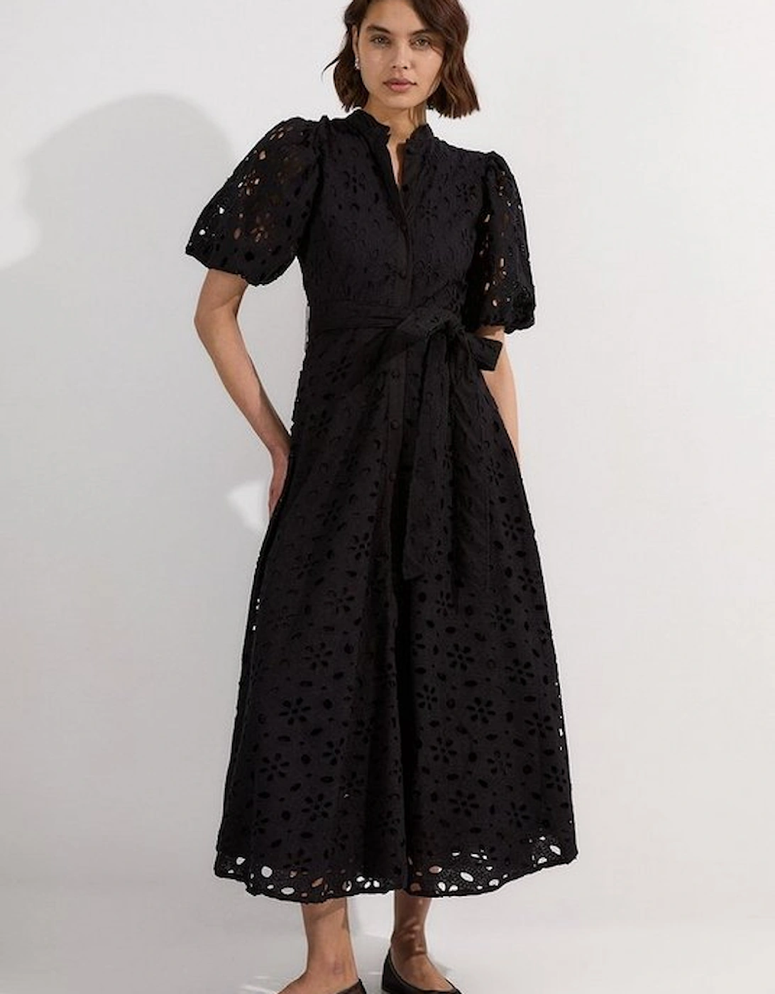Cotton Broderie Belted Short Sleeve Woven Midi Dress, 4 of 3