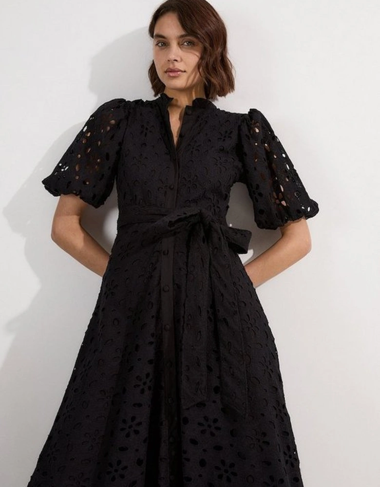 Cotton Broderie Belted Short Sleeve Woven Midi Dress