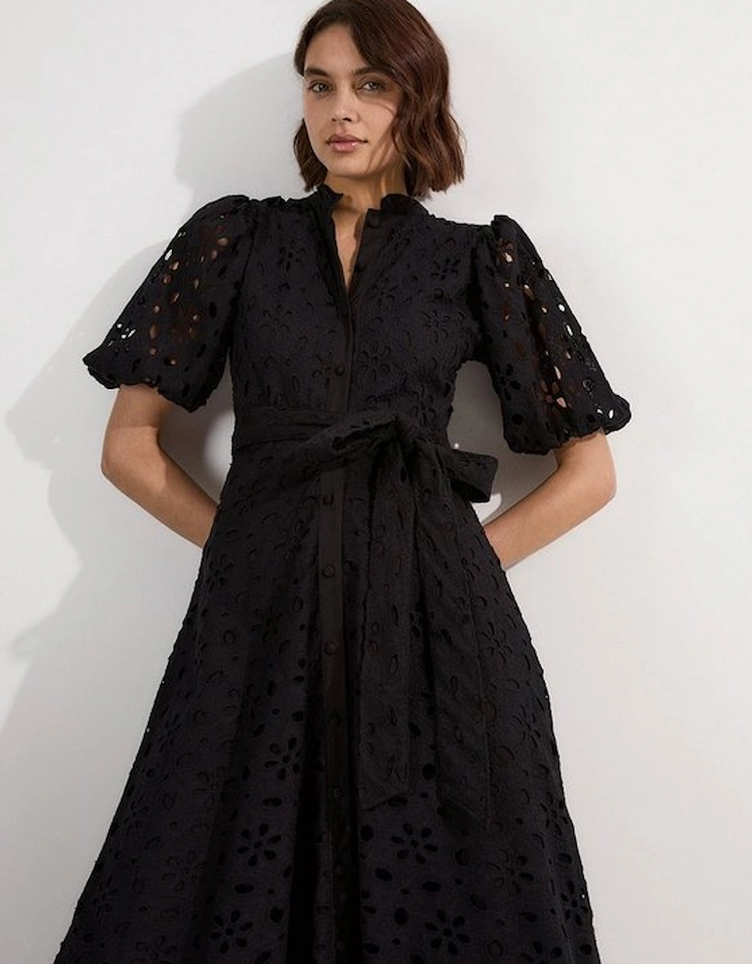 Cotton Broderie Belted Short Sleeve Woven Midi Dress