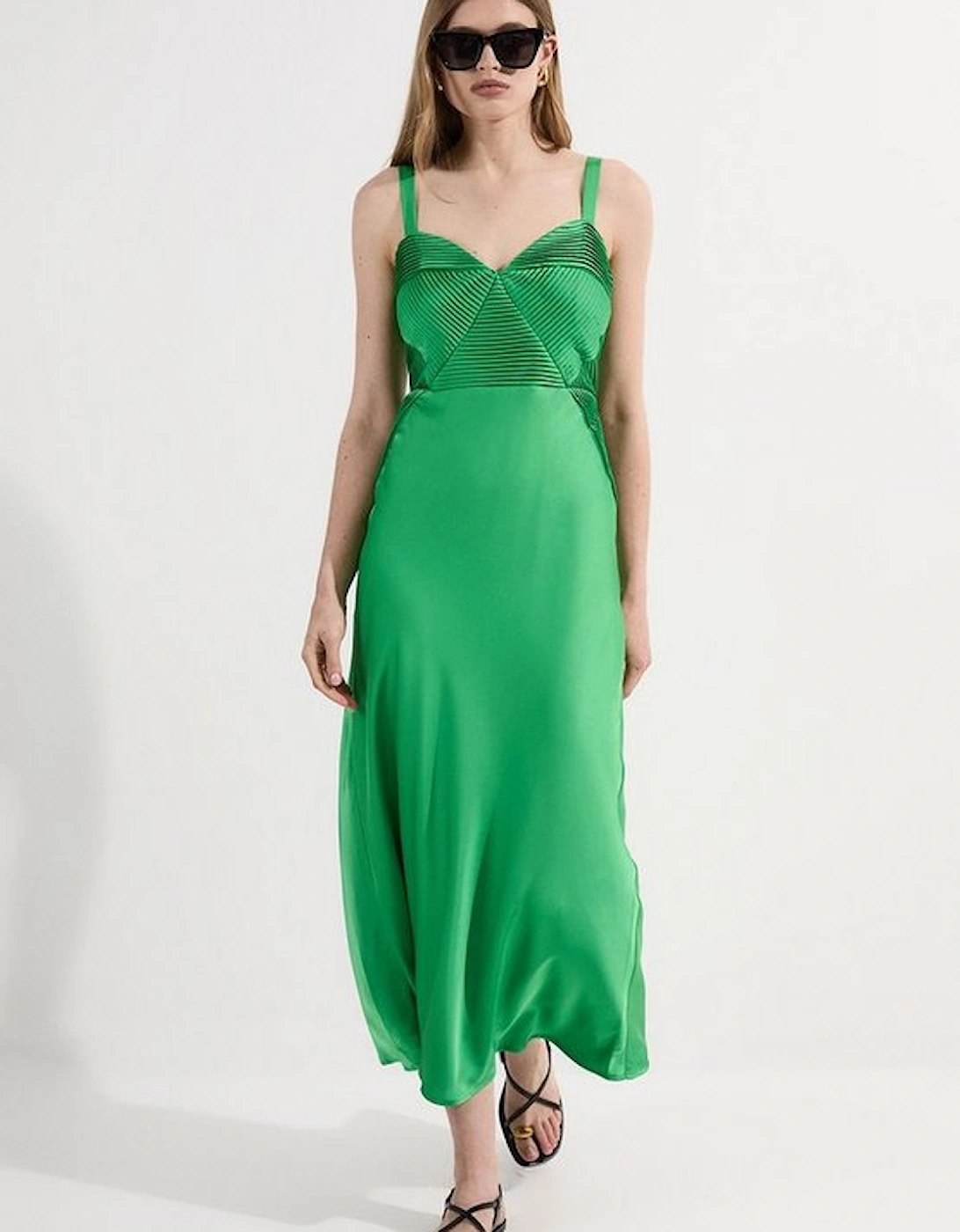 Satin Pleated Corset Detail Woven Maxi Dress