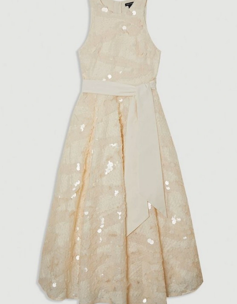 Textured Sequin Floral Belted Woven Tie Maxi Prom Dress