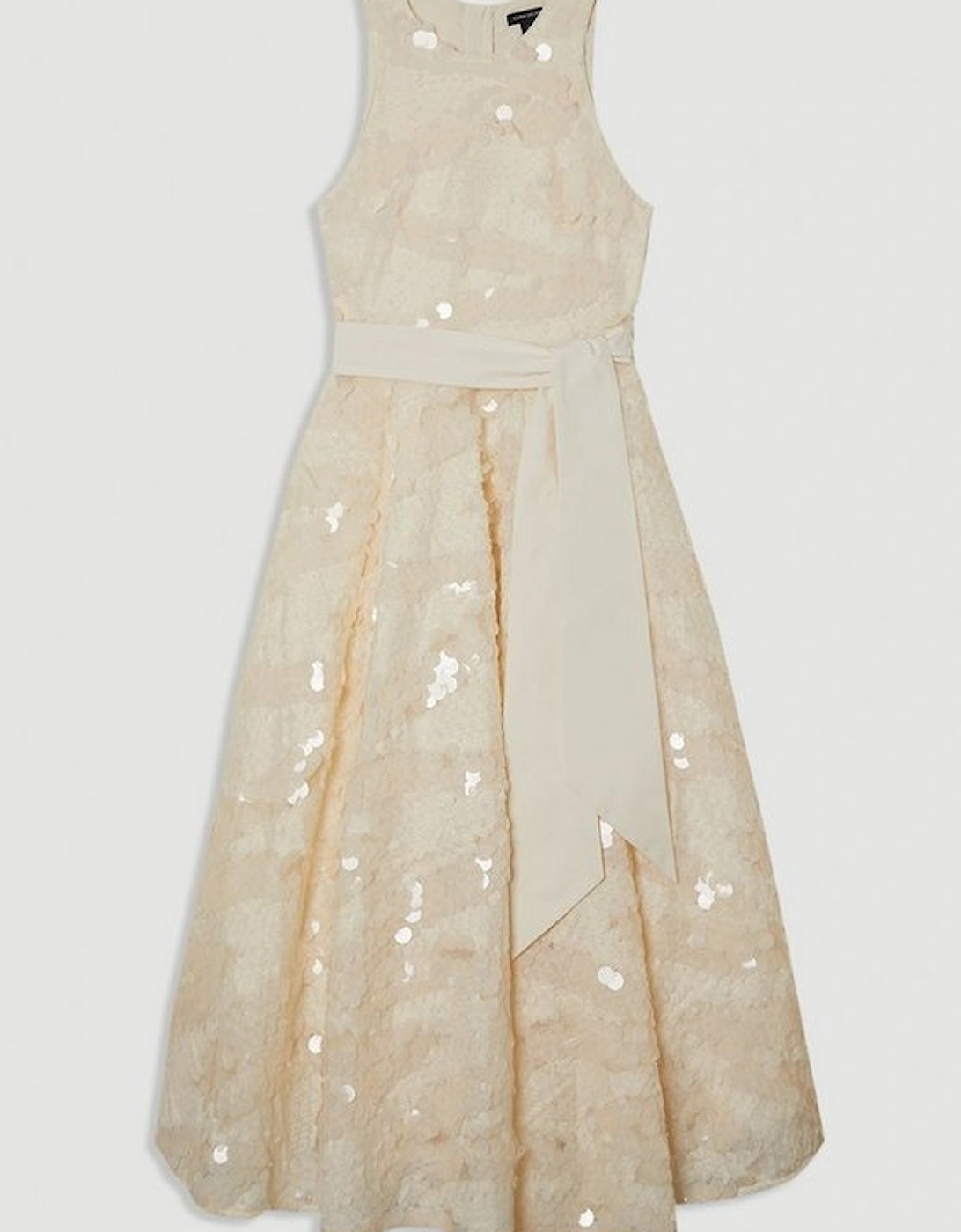 Textured Sequin Floral Belted Woven Tie Maxi Prom Dress