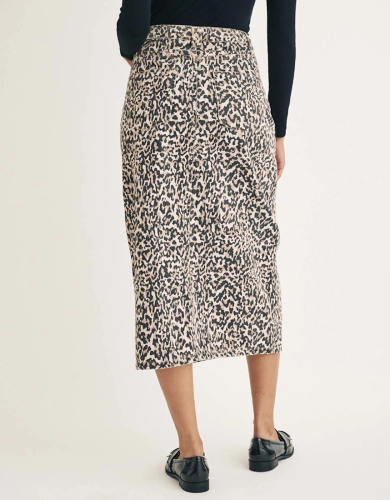 Leopard Print Denim Column Midi Skirt