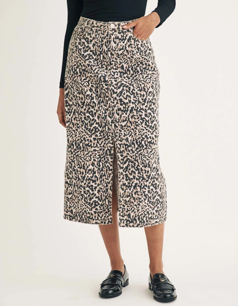 Leopard Print Denim Column Midi Skirt