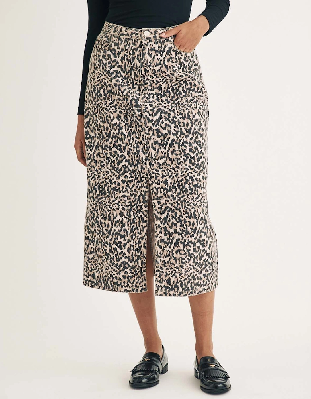 Leopard Print Denim Column Midi Skirt, 5 of 4