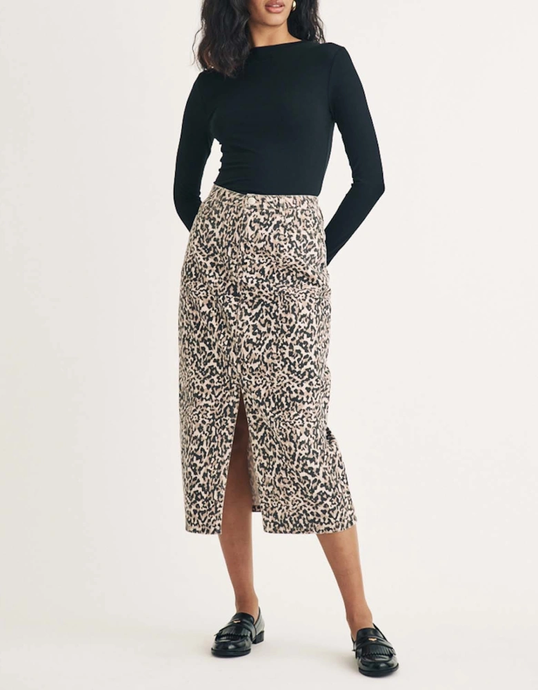 Leopard Print Denim Column Midi Skirt