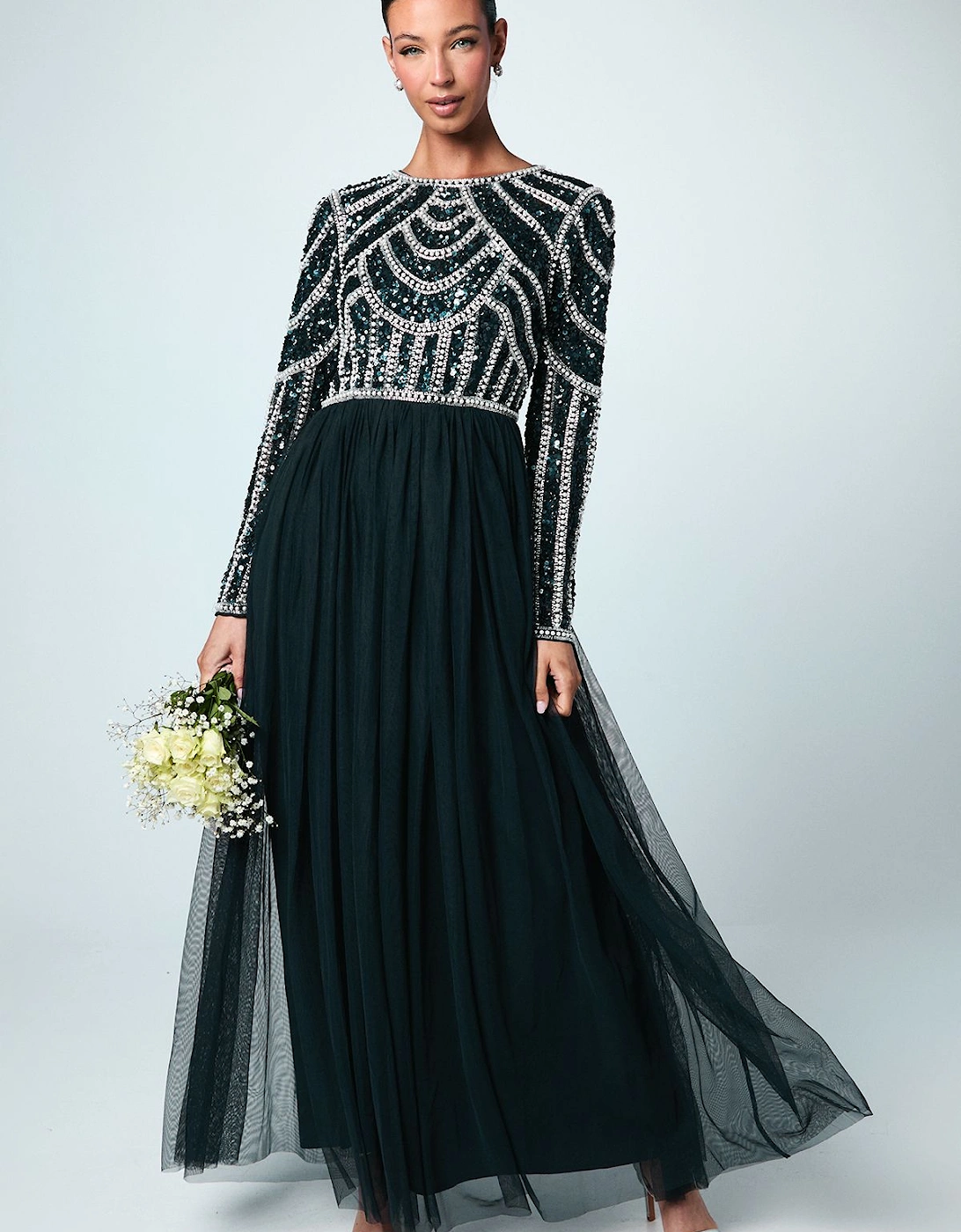 Honoured Long Sleeve Sequin Bodice Tulle Skirt Maxi Bridesmaid Dress, 2 of 1