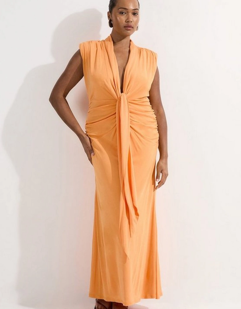 Plus Size Plunge Ruched Twist Jersey Maxi Dress