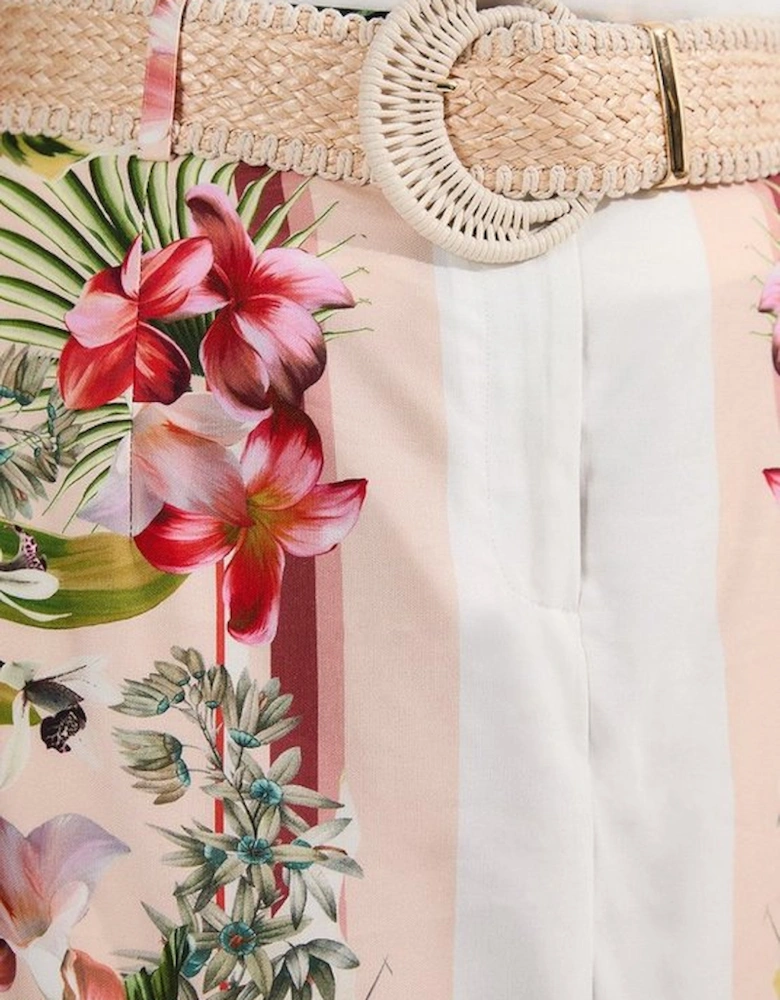Plus Size Mirrored Viscose Linen Floral Print With Raffia Belt Woven Midi Skirt