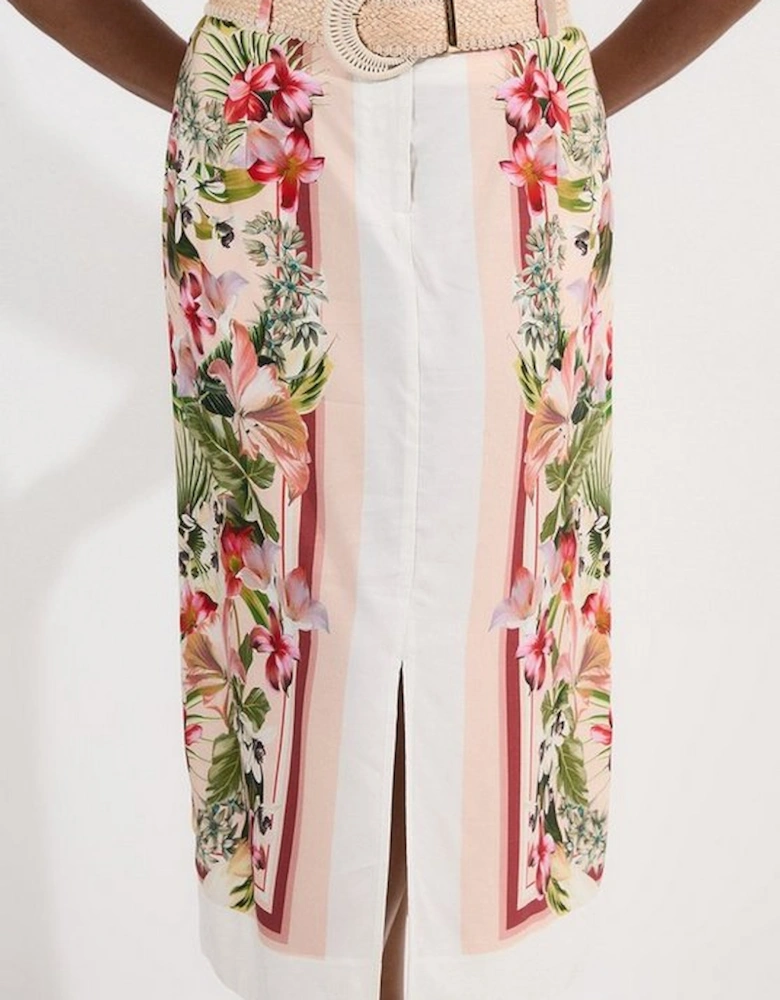 Plus Size Mirrored Viscose Linen Floral Print With Raffia Belt Woven Midi Skirt
