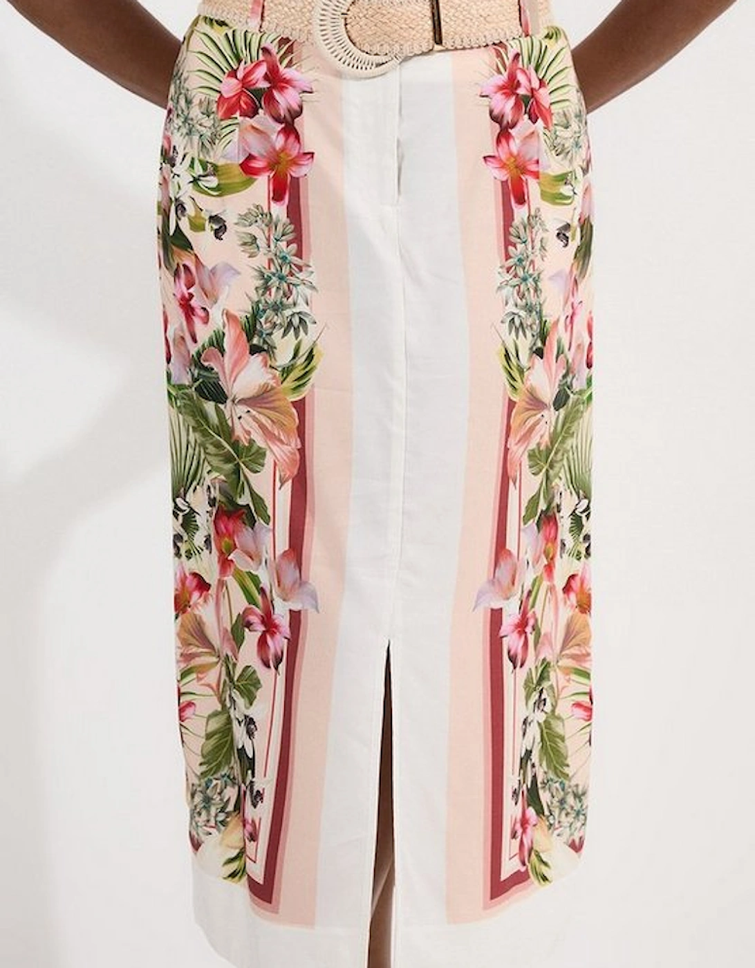 Plus Size Mirrored Viscose Linen Floral Print With Raffia Belt Woven Midi Skirt