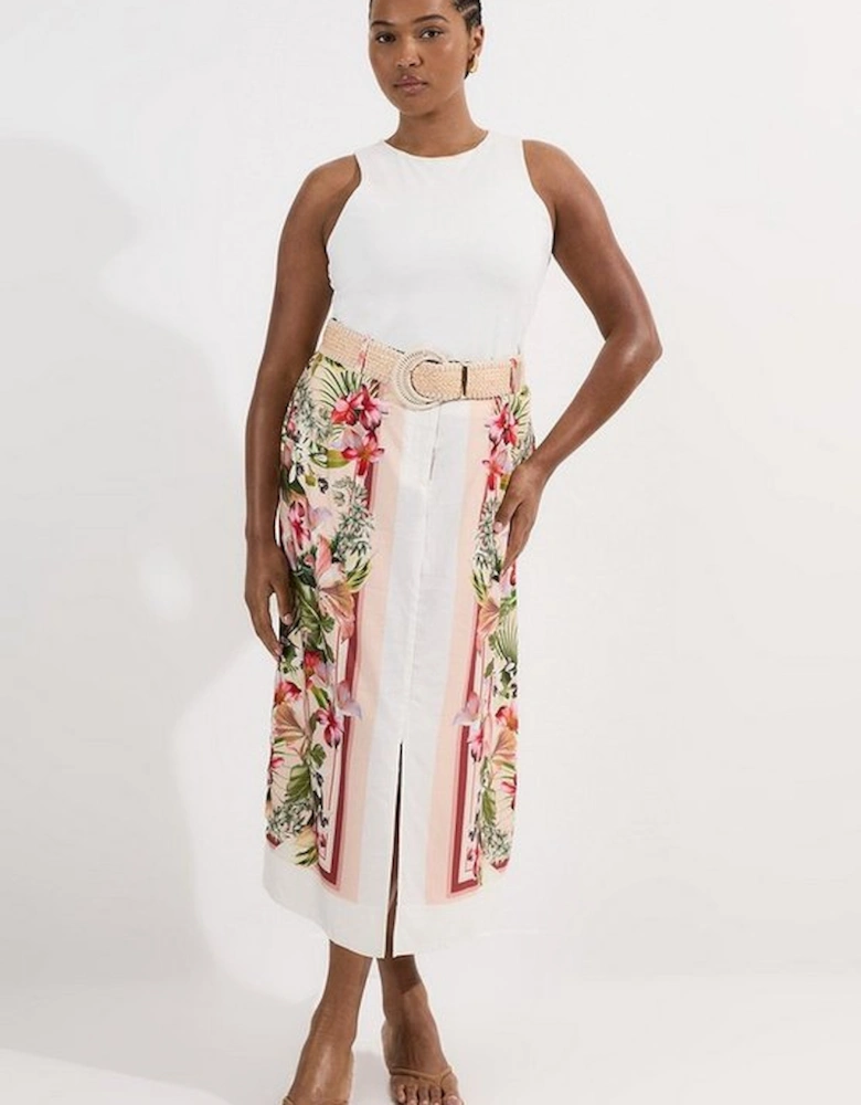 Plus Size Mirrored Viscose Linen Floral Print With Raffia Belt Woven Midi Skirt