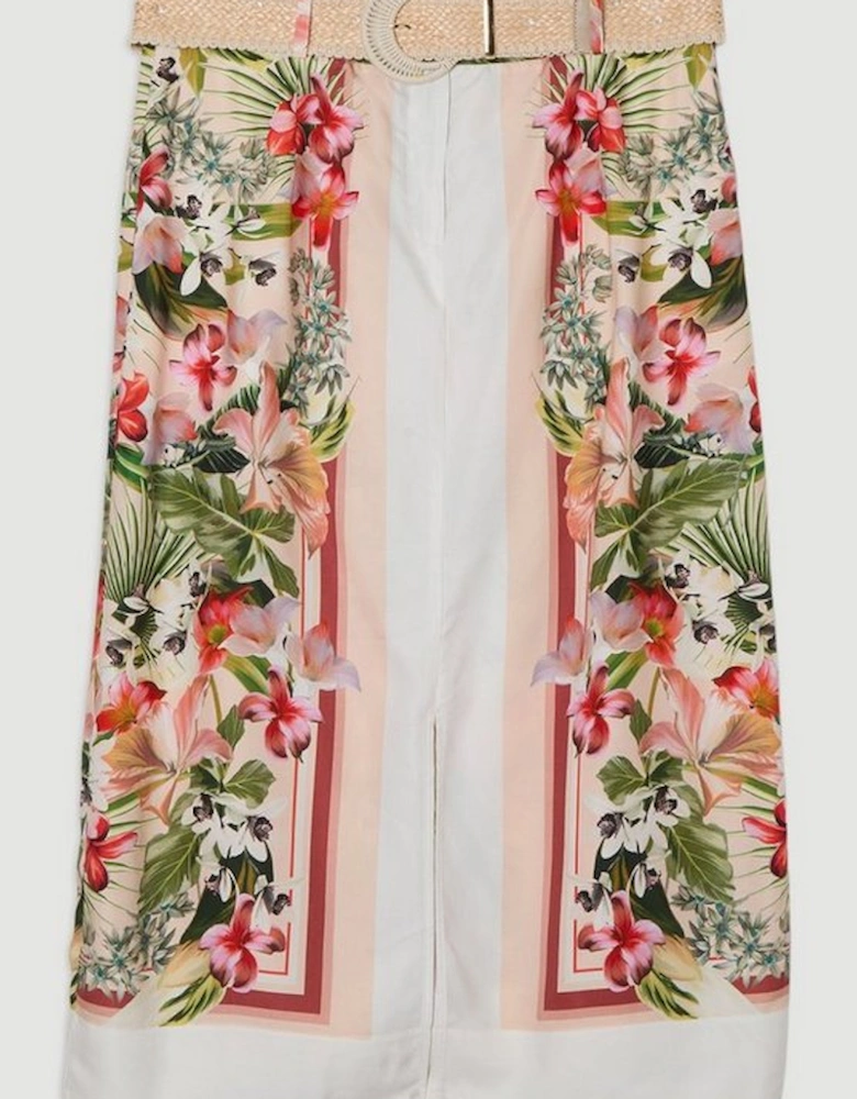 Plus Size Mirrored Viscose Linen Floral Print With Raffia Belt Woven Midi Skirt