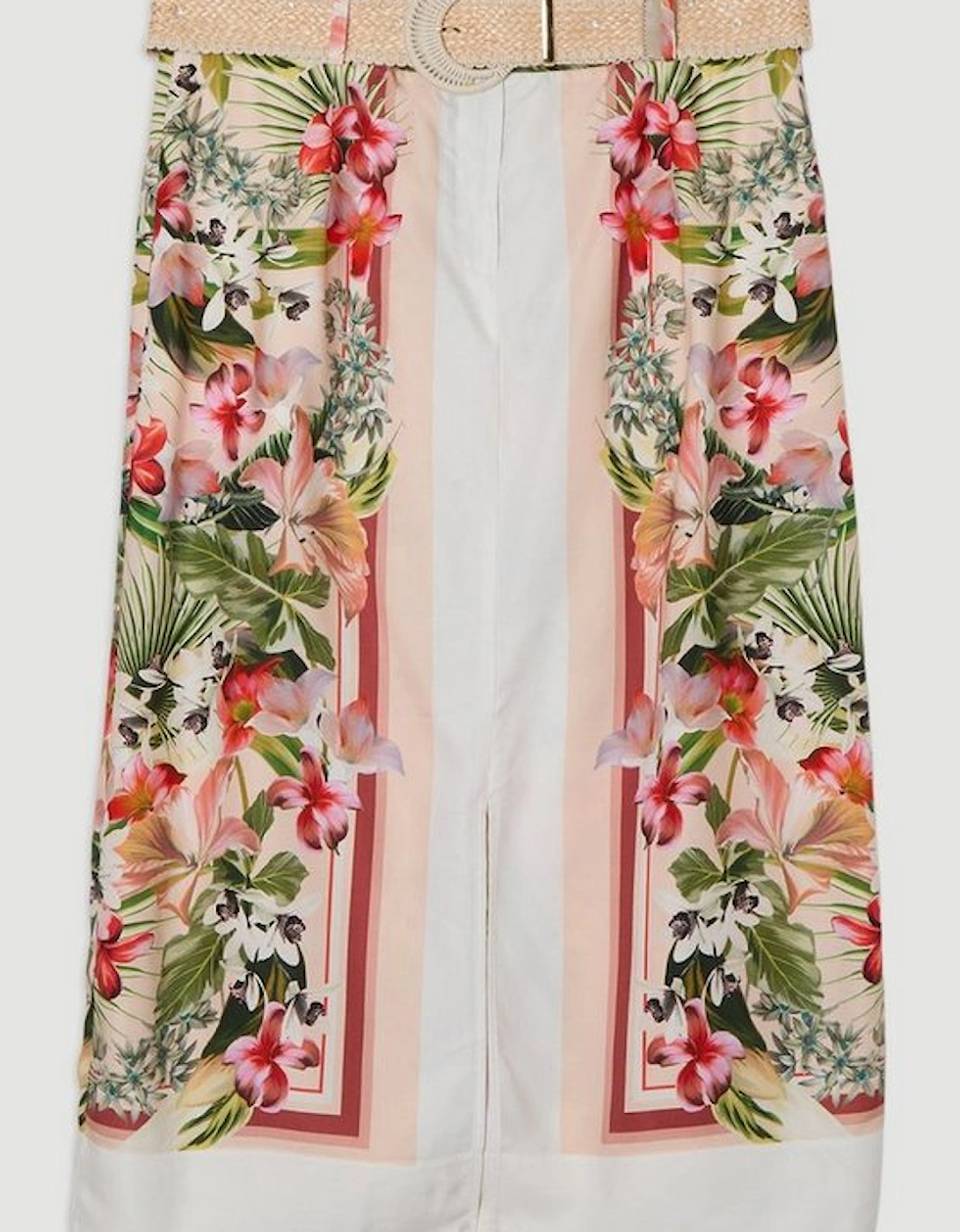 Plus Size Mirrored Viscose Linen Floral Print With Raffia Belt Woven Midi Skirt