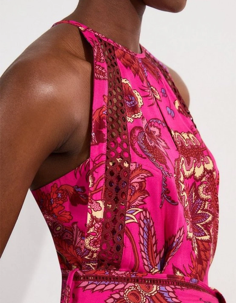 Viscose Floral Print Linen Lace Trim Insert Woven Halter Neck Jumpsuit