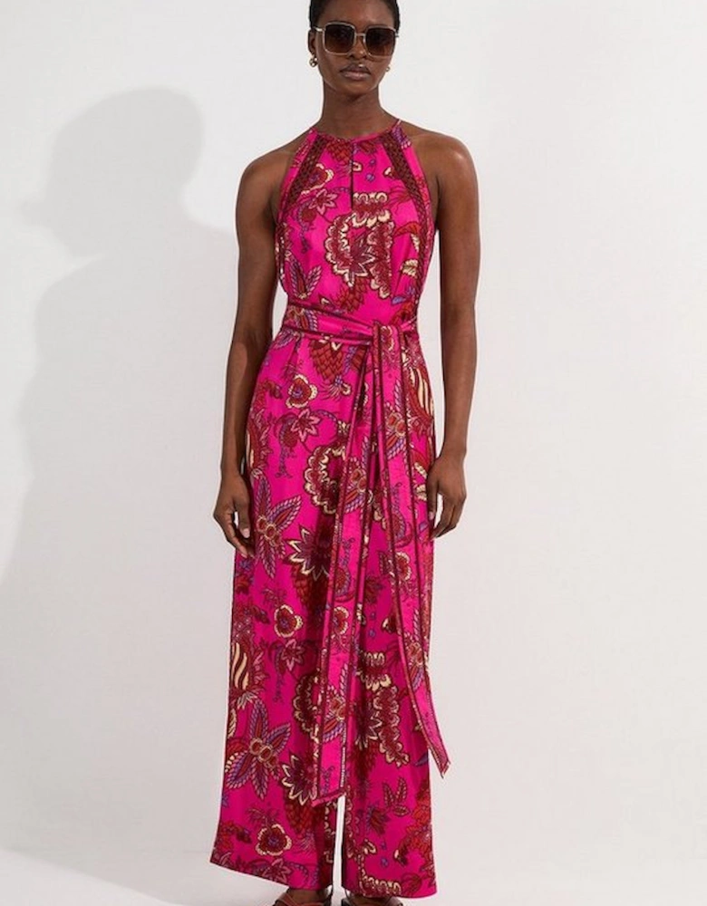 Viscose Floral Print Linen Lace Trim Insert Woven Halter Neck Jumpsuit