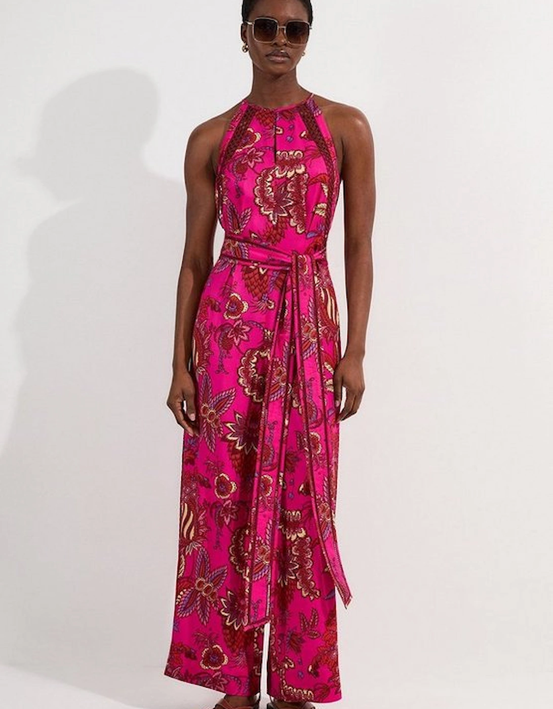 Viscose Floral Print Linen Lace Trim Insert Woven Halter Neck Jumpsuit
