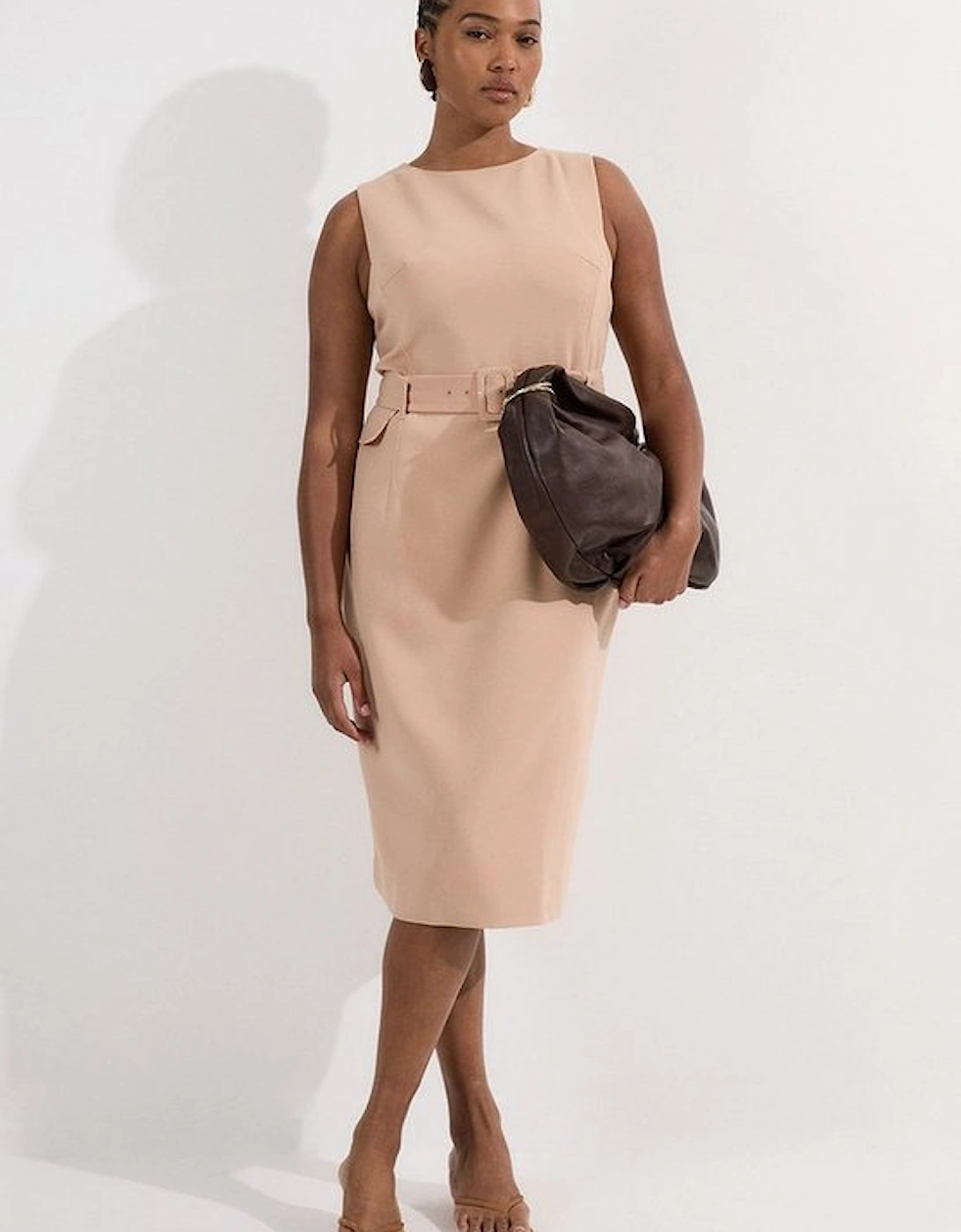 Plus Size Compact Essential Belted Tailored Midi Dress