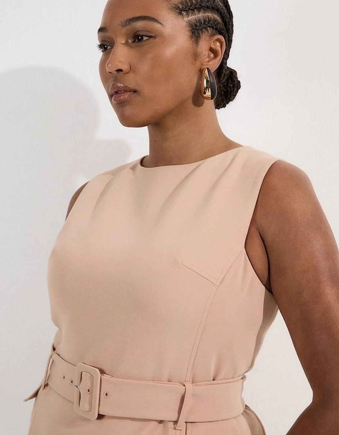 Plus Size Compact Essential Belted Tailored Midi Dress