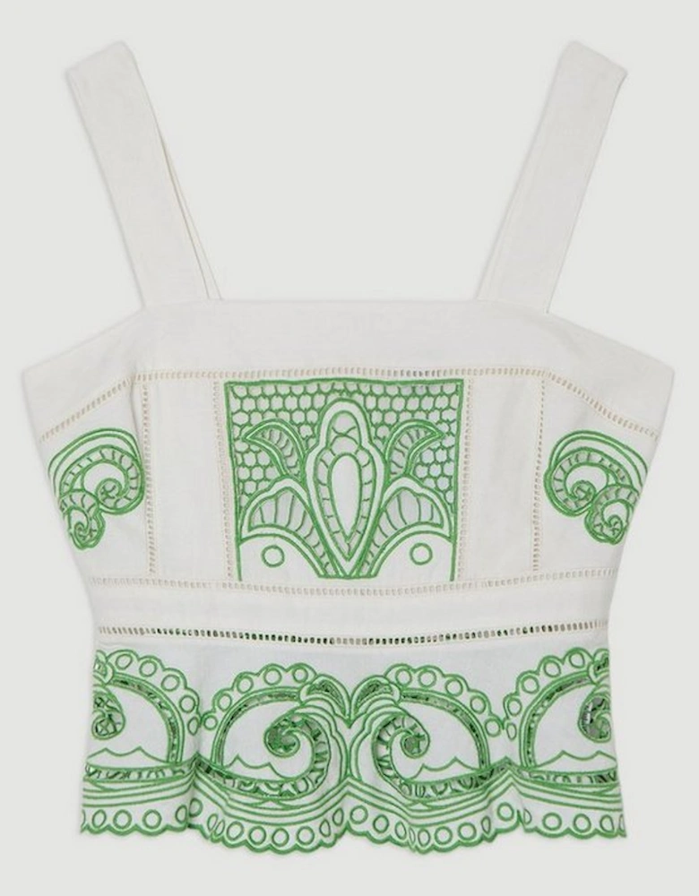 Cutwork Embroidered Ruffle Woven Strappy Top