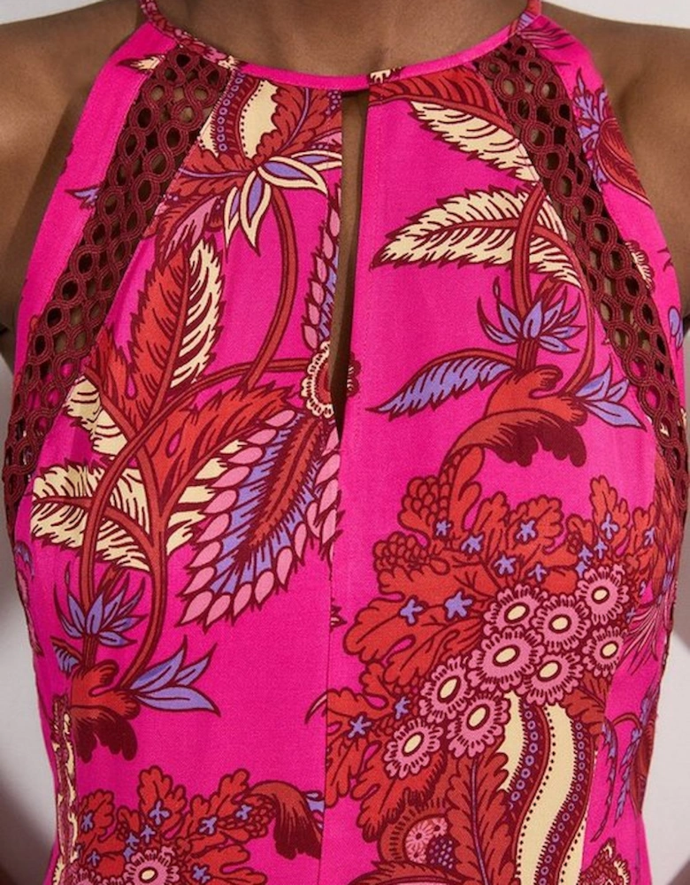 Viscose Floral Print Linen Lace Trim Insert Woven Halter Neck Maxi Dress