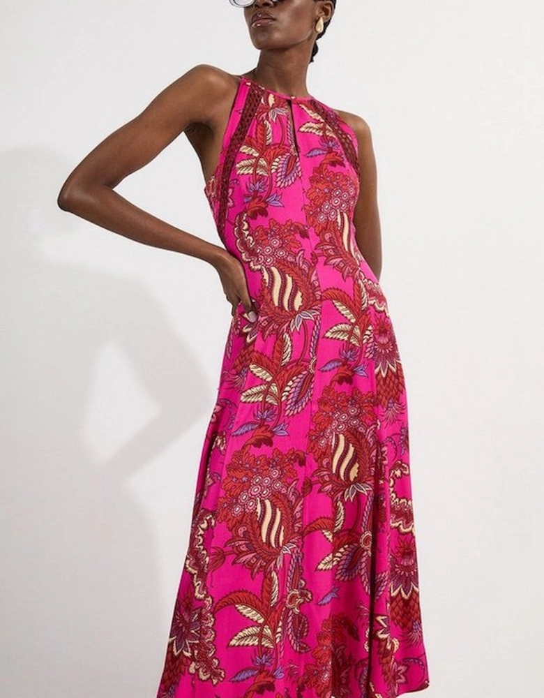 Viscose Floral Print Linen Lace Trim Insert Woven Halter Neck Maxi Dress