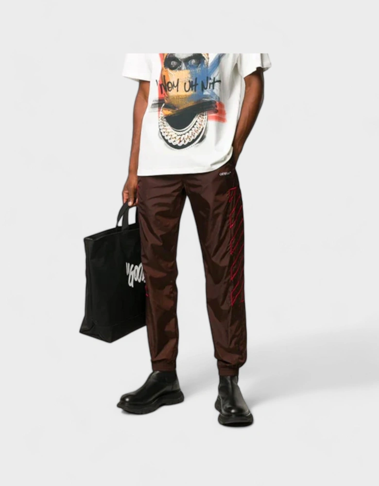 Off White Nylon Diagonals Embroidery Track Pant Brown Red
