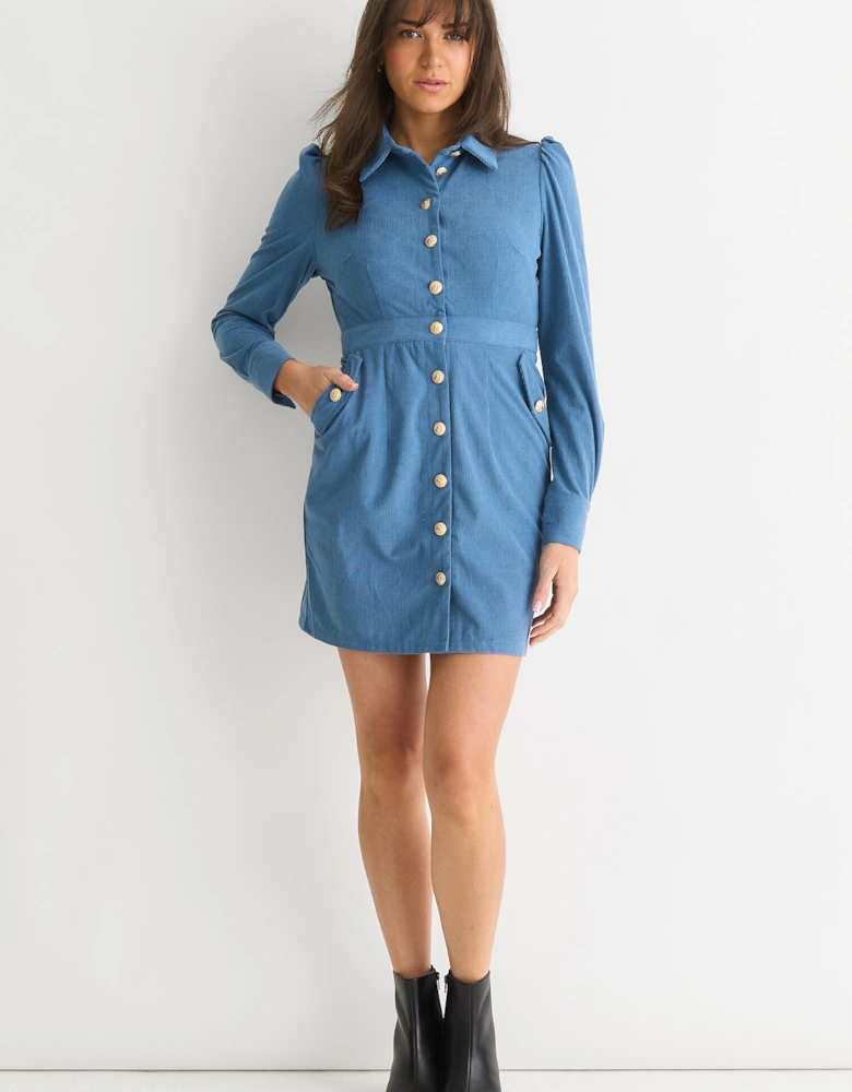 Blue Corduroy Mini Shirt Dress