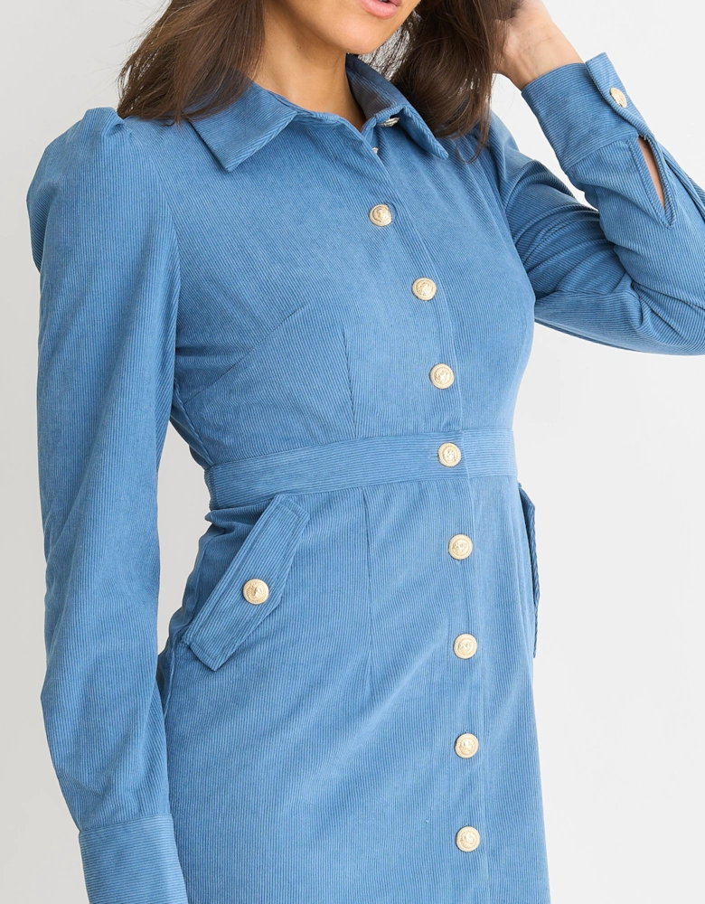 Blue Corduroy Mini Shirt Dress