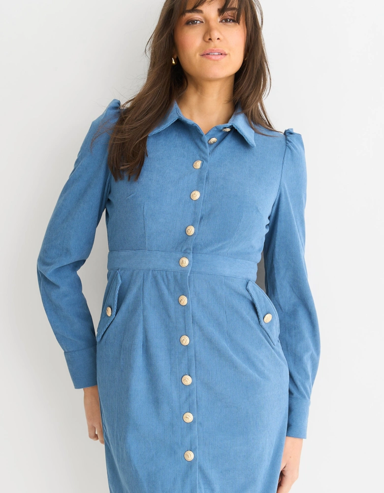 Blue Corduroy Mini Shirt Dress