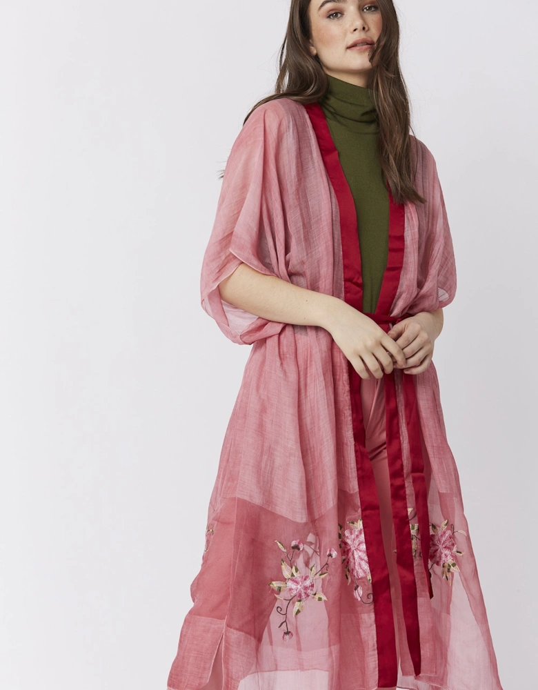 Pink Silk Blend Embroidered Kimono Jacket
