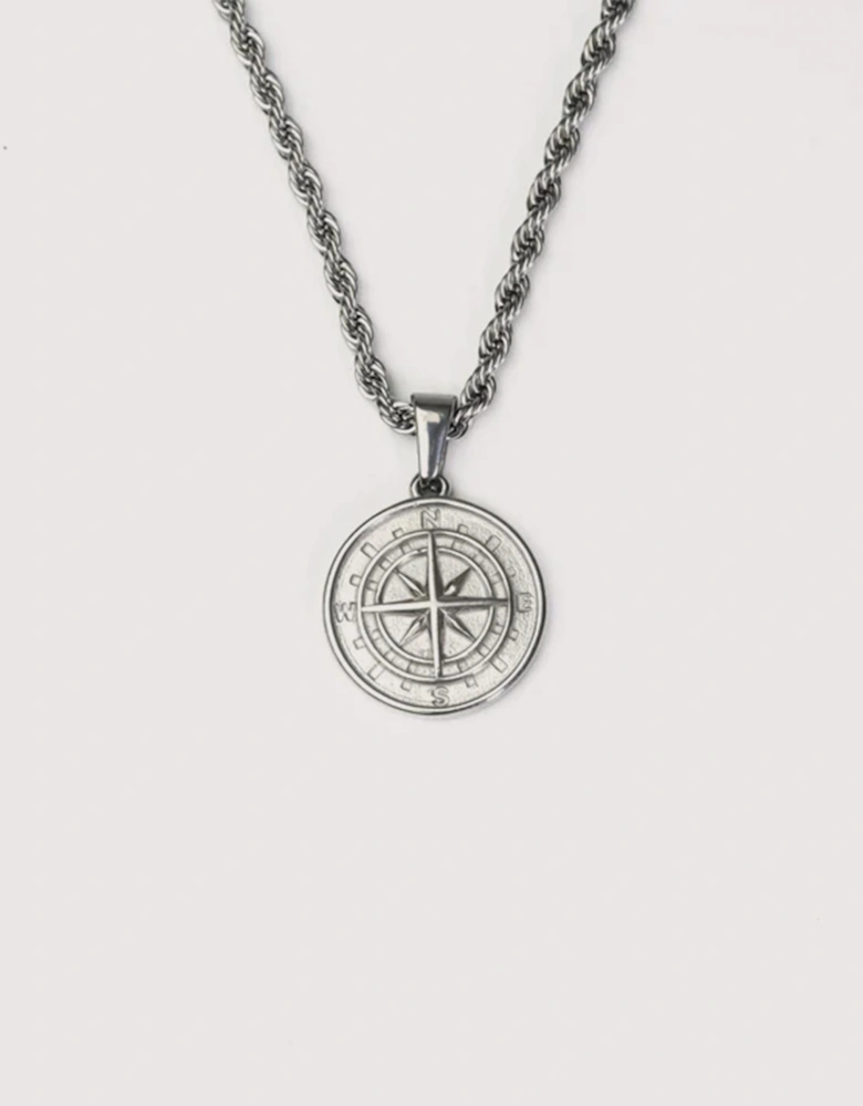 Silver Stainless Steel Compass Pendant 22"