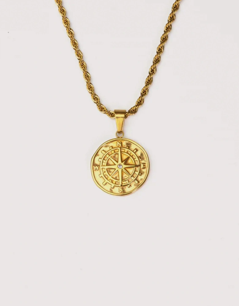 Gold Stainless Steel Compass Pendant 22"